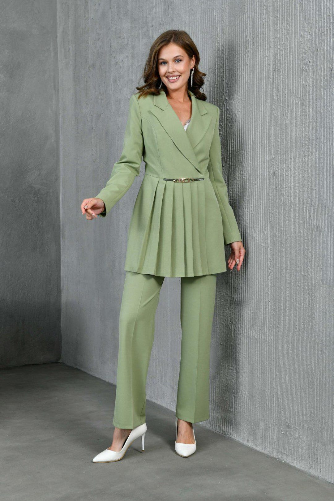 V-neck Long Sleeves Pleated Pant Suit With Bow Ink Blue