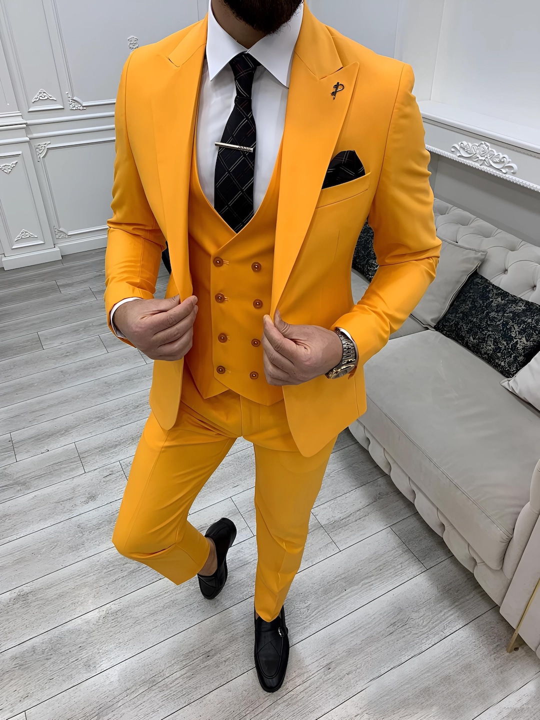 Buy Yellow Slim Fit Piece Suit: Two Button Wedding Groom Attire