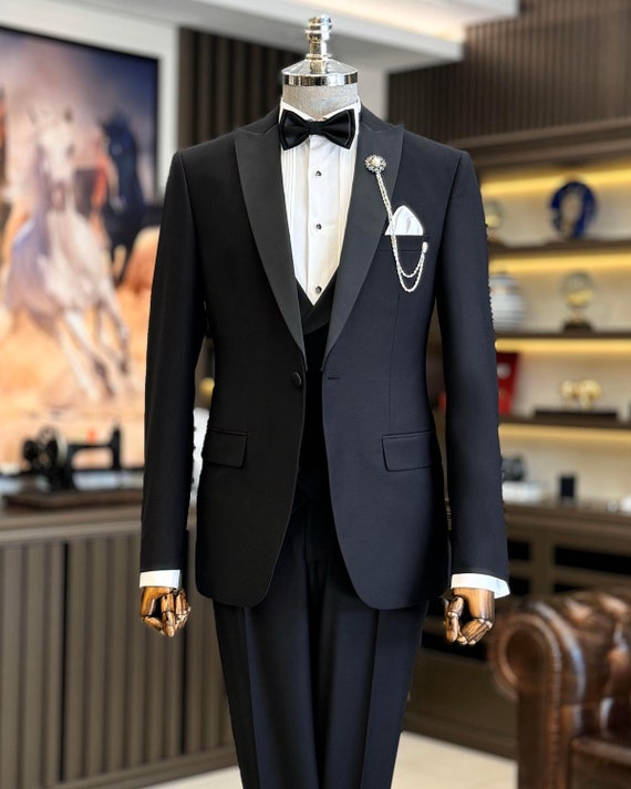Men s Black Tuxedo Men Prom Party Wear Suit Jacket Vest Pants Bowtie Groomsmen 3 Piece Slim Fit Suit Black Peak Lapel Tuxedo Etsy