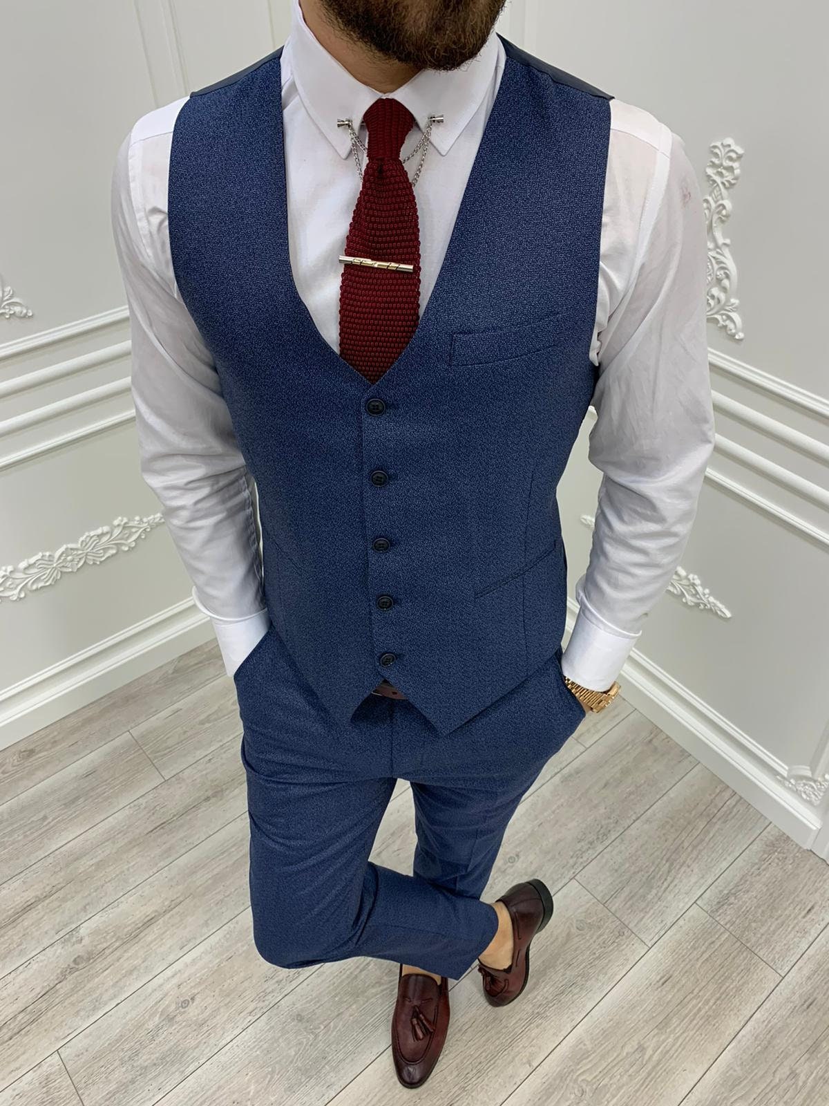 Men Suits Blue 3 Piece Slim Fit Two Button Wedding Groom Party | Etsy