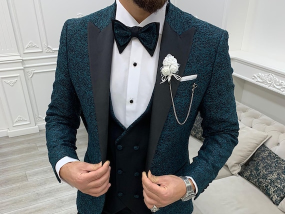 Teal Green Slim Fit 3-Piece Suit: Wedding Groom Party Wear