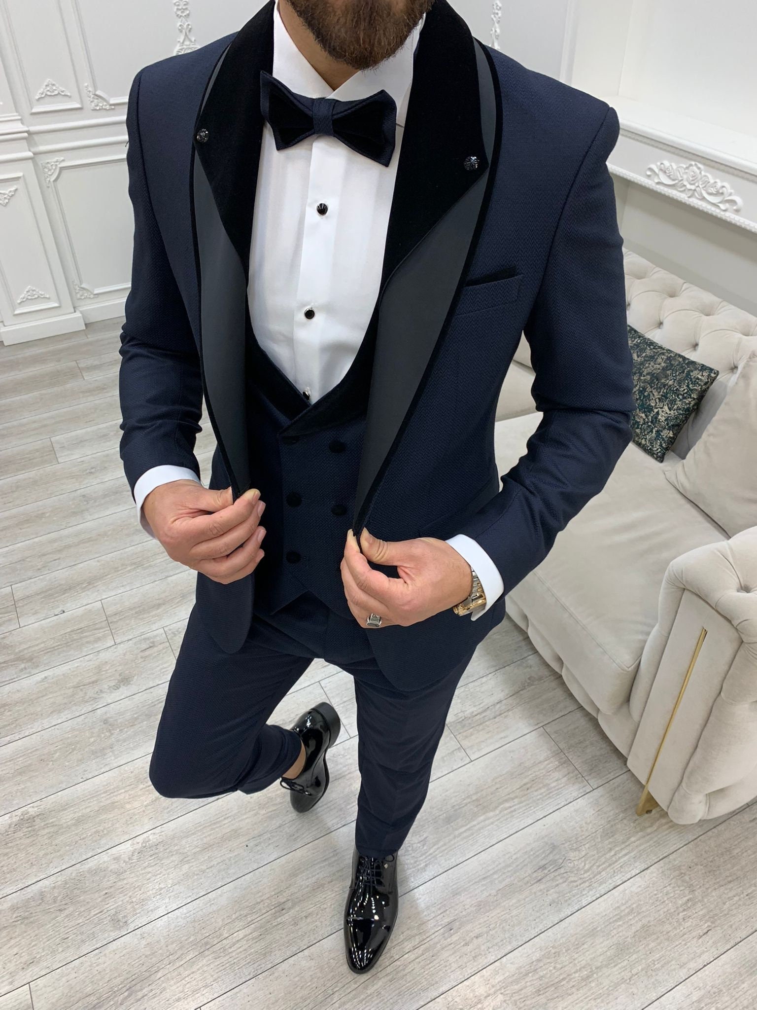 Navy top tuxedo groom
