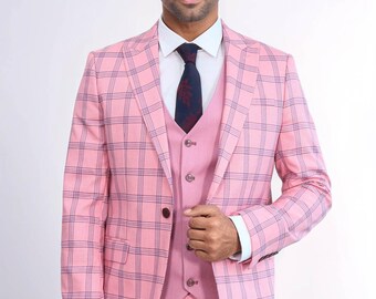 ピンクチェックスーツ：モダンなスリムフィットスリーピース - プロム
