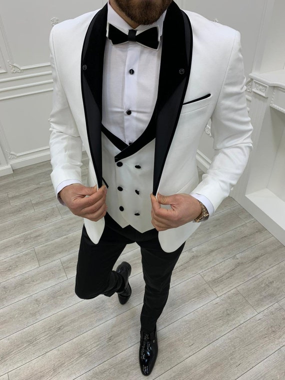 White 3 piece suit with navy blue shirt on Craiyon
