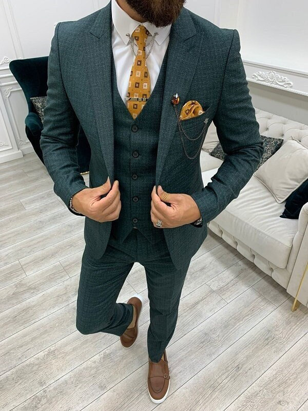 Men Suits Green 3 Piece Slim Fit One 