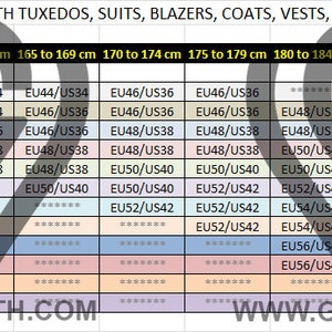 May include: A size guide for tuxedos, suits, blazers, coats, vests, and jackets. The chart displays height in centimeters and weight in kilograms, with corresponding EU and US sizes. The website www.gentwith.com is visible at the bottom.