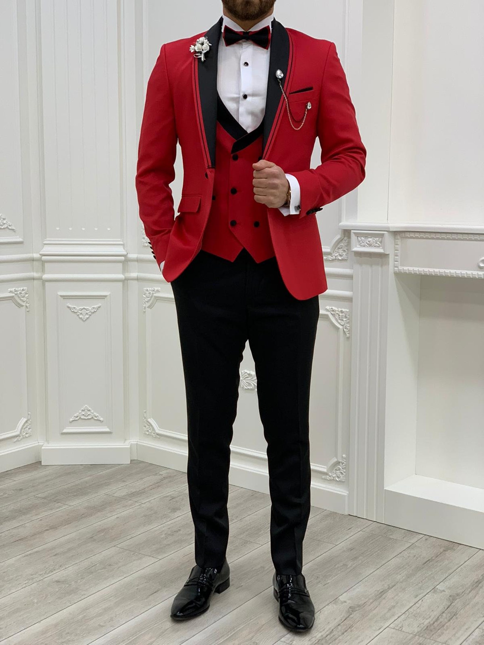 Red Suits Red 3 Piece Slim Fit One Button Wedding Groom Party Etsy