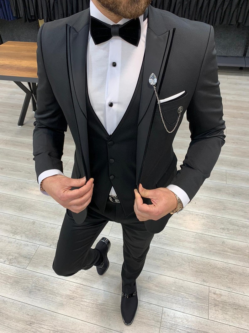 Men Suits Black Wedding Suit Black Tuxedo 3 Piece One Button - Etsy