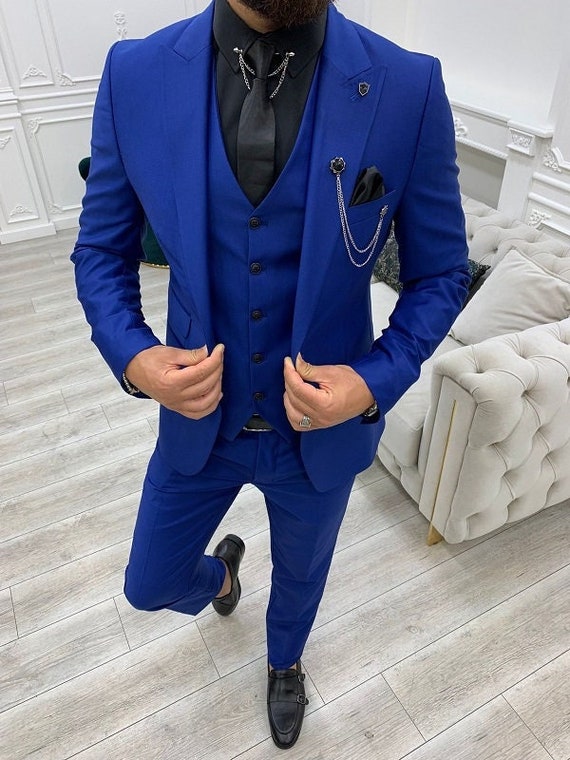 Peaked Lapel Navy Blue Blazer Black Trousers Slim Fit Groom