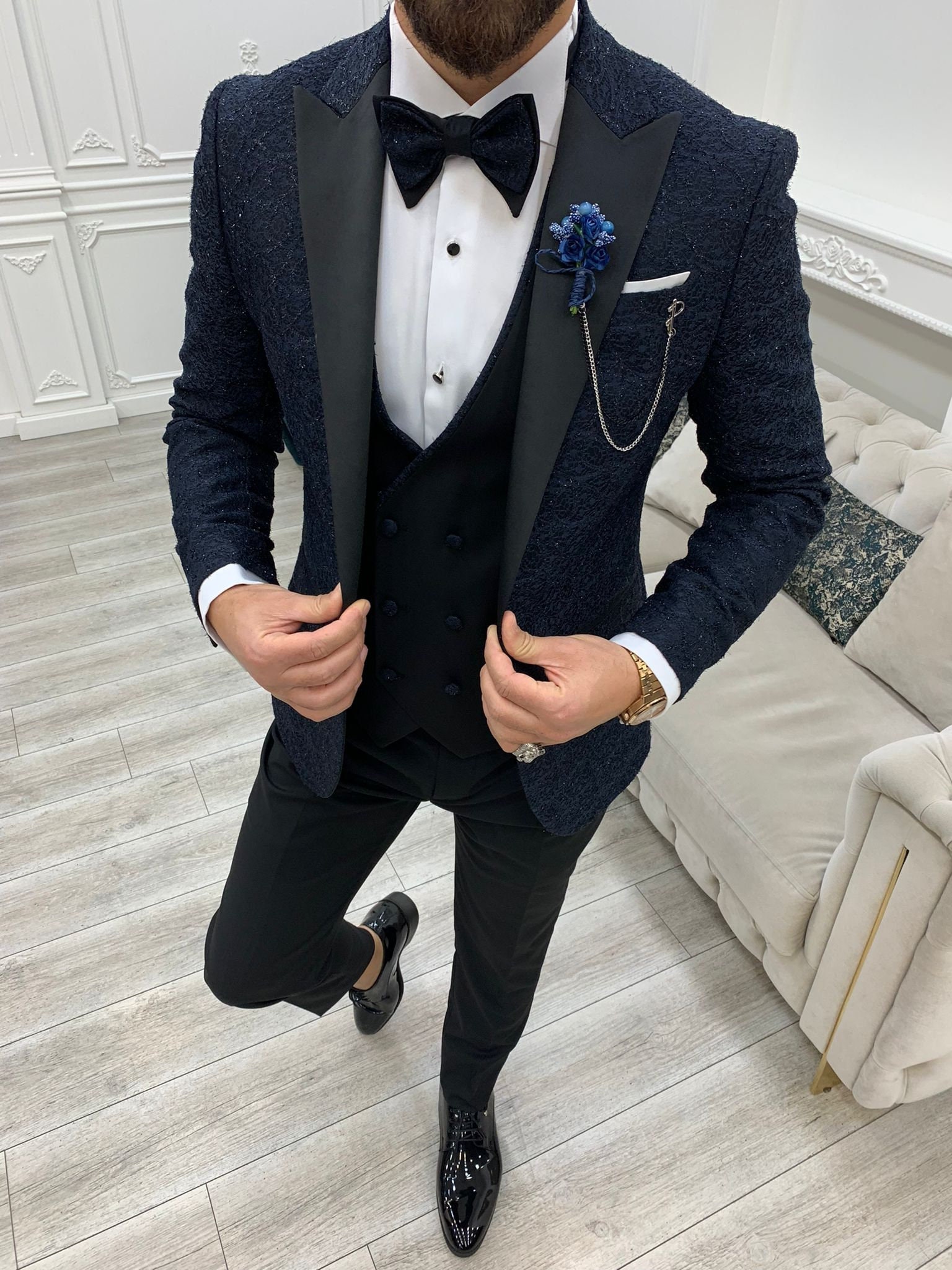 Midnight blue tuxedo groom hot sale