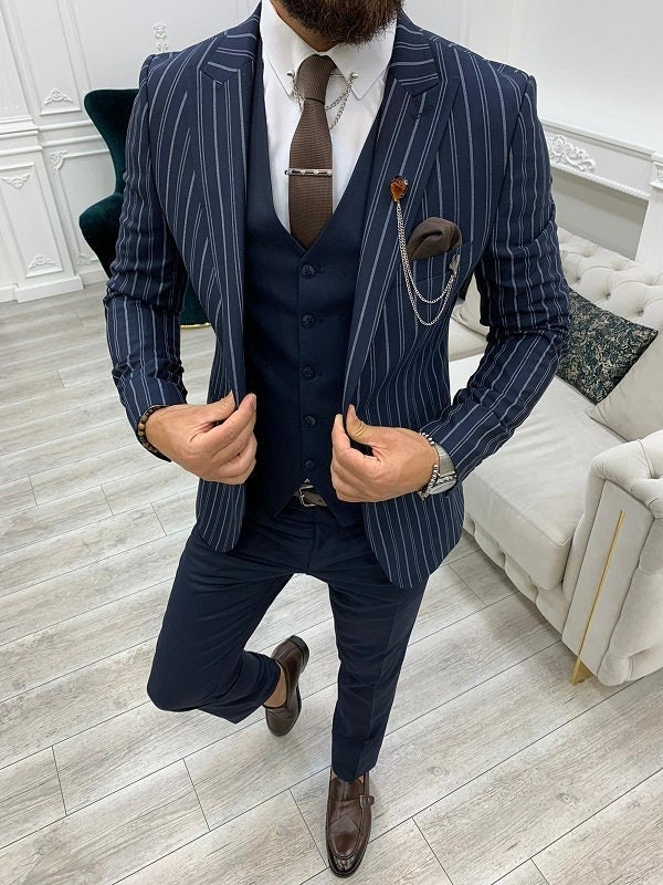Men Suits Navy 3 Piece Slim Fit Two Button Wedding Groom Party Wear Coat Pant Men Navy Suit Navy Blue Slim Fit Peak Lapel Striped Suit Etsy