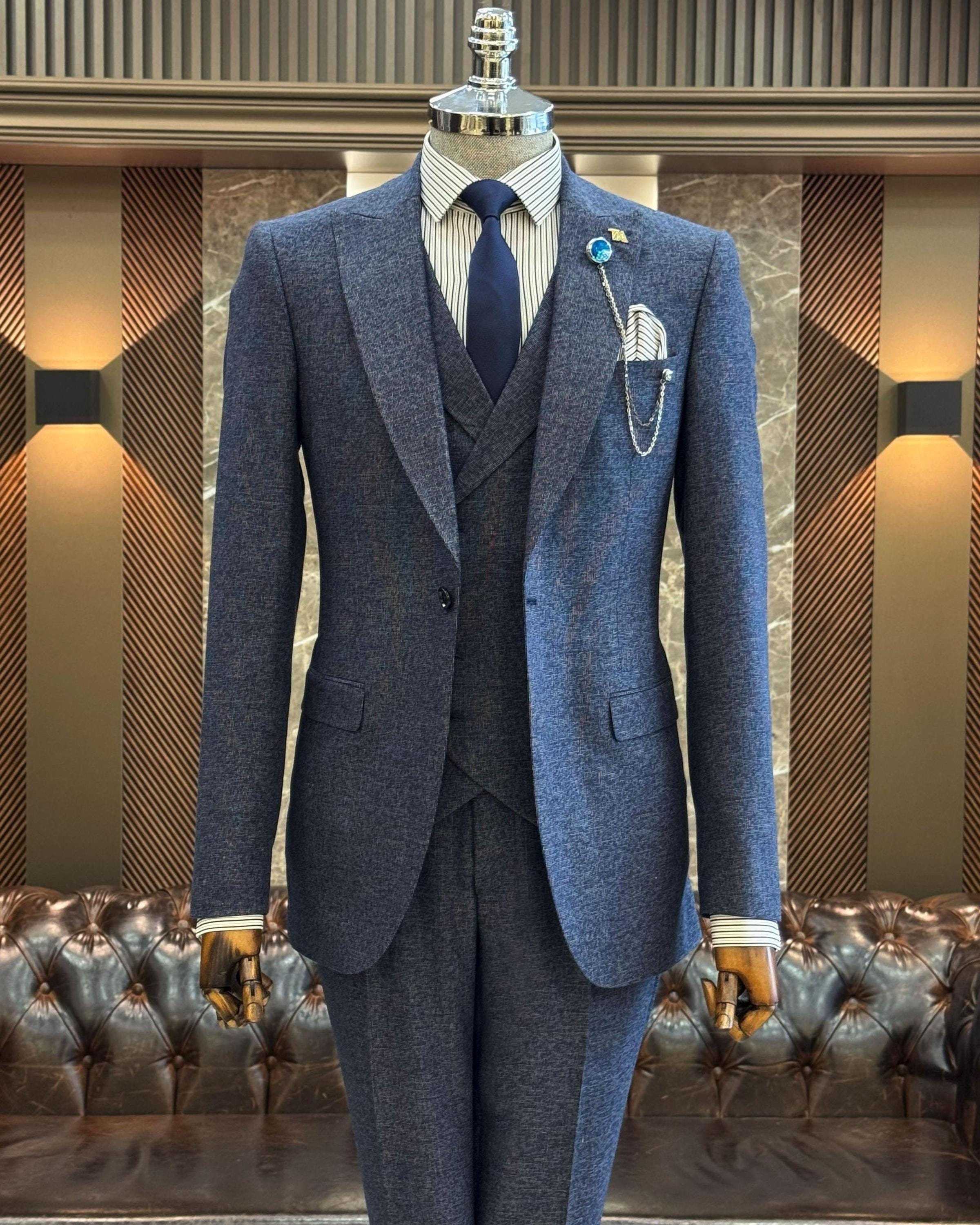 Blue Slim Fit Suit: 3 Piece Wedding Suit - Two Button Party Wear