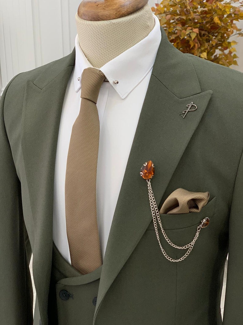 Men Suits Khaki 3 Piece Slim Fit Two Button Wedding Groom Etsy