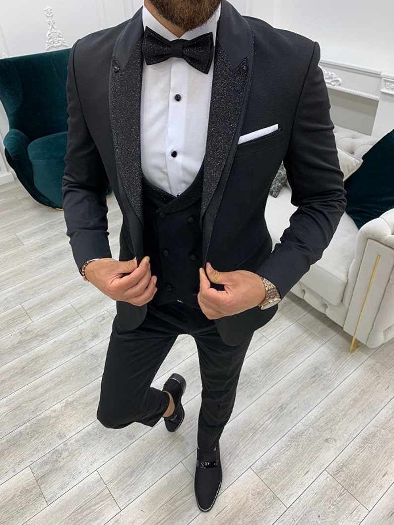 Men Suits Black Wedding Suit Men Tuxedo 3 Piece One Button image 1