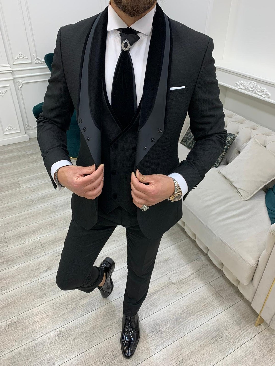 Black Suits Men 3 Piece Slim Fit One Button Wedding Groom - Etsy