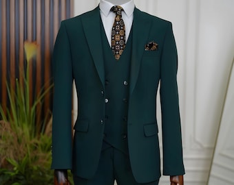 Men Suits Green 3 Piece Slim Fit One Button Wedding Groom Party Wear Coat Pant, Wedding Guest Suit, Engagement Suit, Green Slim Fit Suit