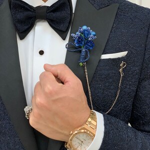 Navy Blue Slim Fit Floral Tuxedo