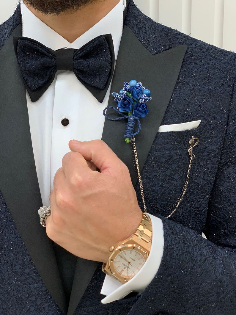 Navy Blue Slim Fit Floral Tuxedo