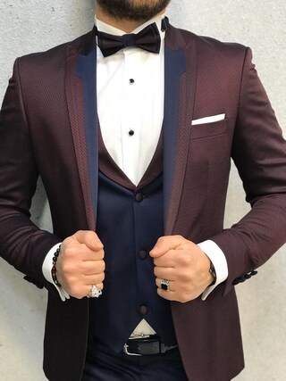 Terno Masculino Tweed Borgonha 3 Peças - Slim Fit, Espinha De Peixe, Festa E Noite