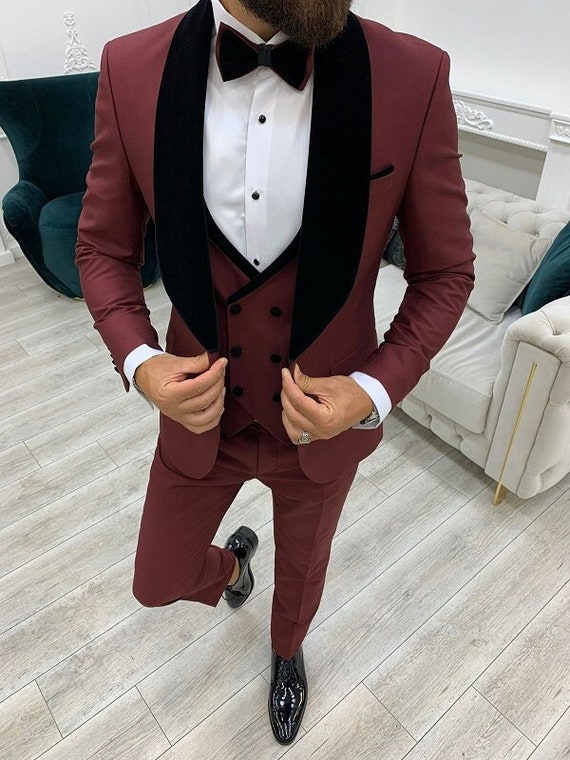 Buy Men's Burgundy 3 Piece Tuxedo Suit Slim Fit One Button Wedding Wear Suit  Online in India - Etsy | Tuxedo for men, Slim fit tuxedo, Wedding suits