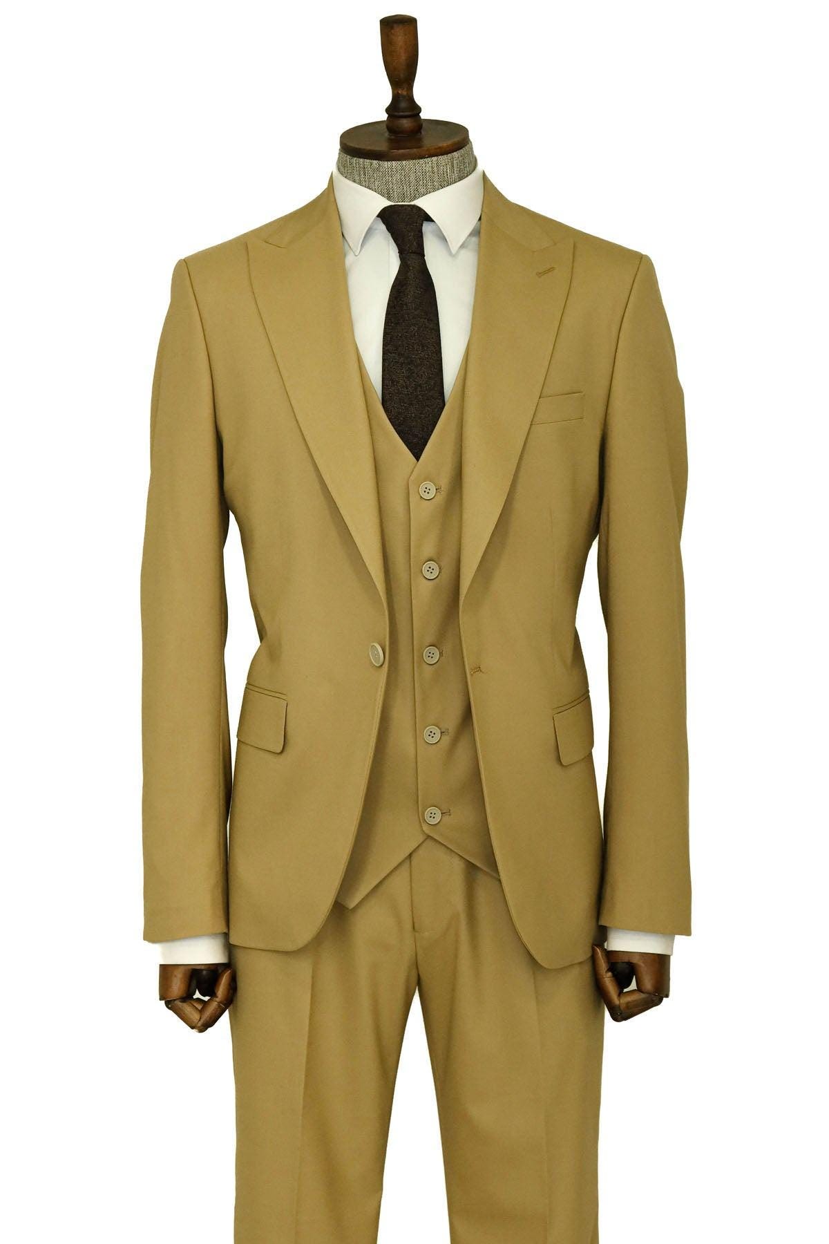 Men Suits Tan 3 Piece Slim Fit One Button Wedding Groom Party Wear Coat Pant, Peak Lapel Suit, Men Tan Suit, Tan Slim Fit Suit