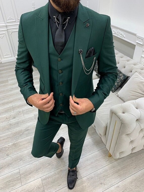 Men Suits Green 3 Piece Slim Fit One 