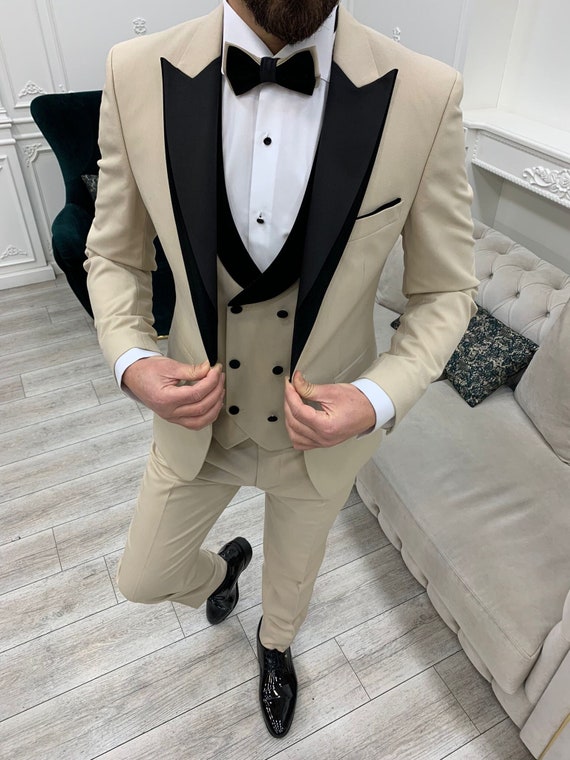 Beige Suits Men 3 Piece Slim Fit One Button Wedding Groom Party