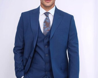 Blue Cotton Suit: Men's Slim Fit 3-piece Wedding Suit