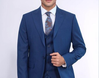 Blue Cotton Suit: Men's Slim Fit 3-piece Wedding Suit
