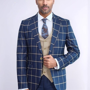 Men Suits Navy 3 Piece Slim Fit One Button Wedding Groom Party Wear Coat Pant, Men Navy Blue Suit, Navy Blue Slim Fit Peak Lapel Plaid Suit