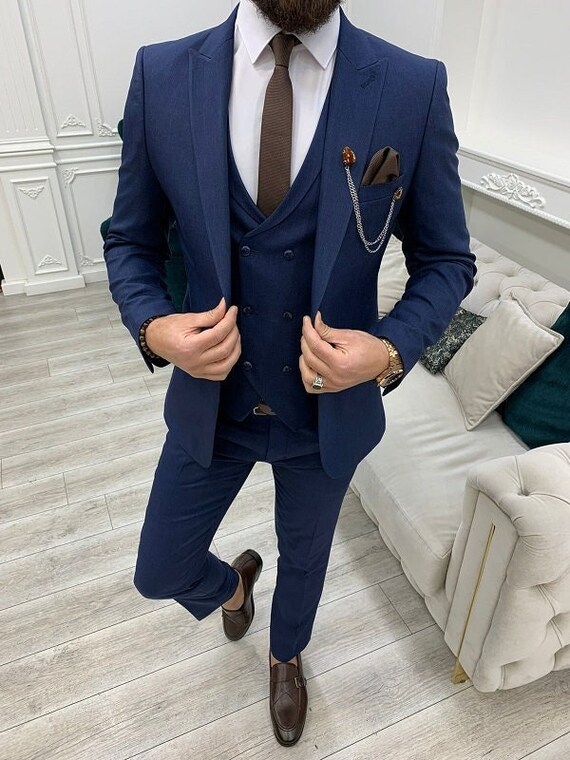 Men Suits Navy Blue 3 Piece Slim Fit 