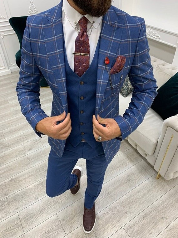 Men Suits Blue 3 Piece Slim Fit One Button Wedding Groom Party Wear Coat  Pant, Men Blue Suit, Blue Slim Fit Peak Lapel Plaid Suit -  Canada