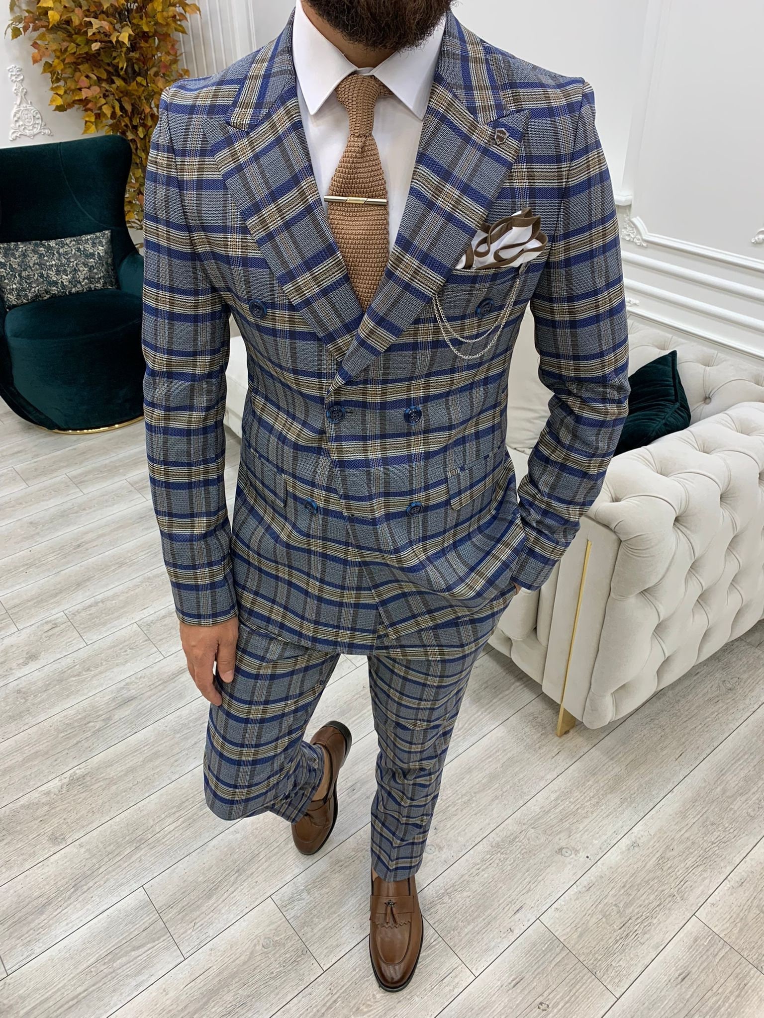 Men Suits Blue 2 Piece Slim Fit Two Button Wedding Groom Party Wear Coat Pant Peak Lapel Suit Blue Slim Fit Double Breasted Plaid Suit Etsy Canada