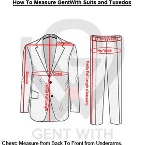 May include: Diagram illustrating how to measure a suit and tuxedo. The image shows a suit jacket and pants with labeled measurement points: chest, shoulder, sleeves, jacket full length, pants waist, hip width, and pants full length. Text at the bottom explains the measurement points.