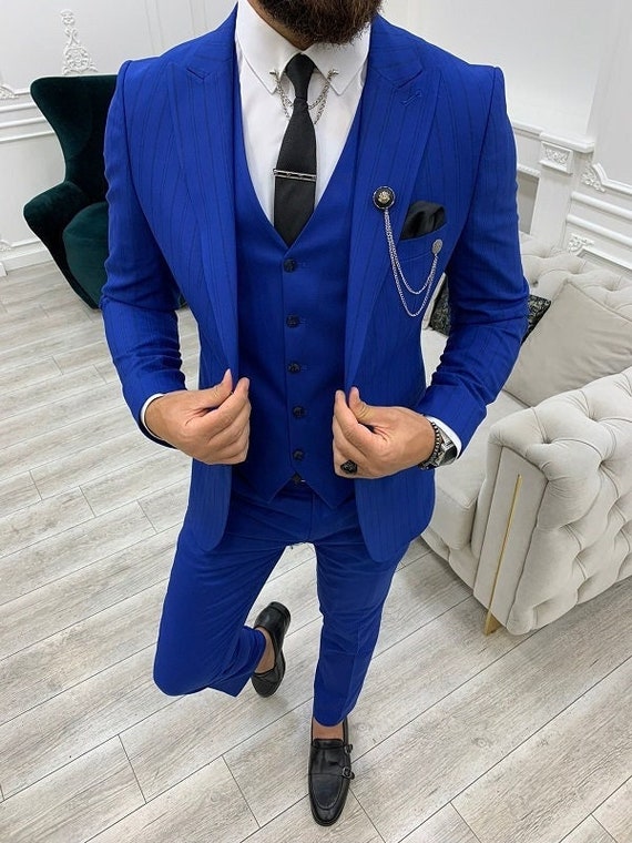 Men Suits Blue 3 Piece Slim Fit Two Button Wedding Groom Party Wear Coat Pant Men Blue Suit Blue Slim Fit Peak Lapel Striped Suit Etsy Ireland