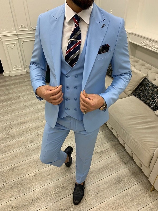 Meliora Blue Two Piece Trouser Suit  Light blue suit wedding, Blue suit  wedding, Sky blue suit