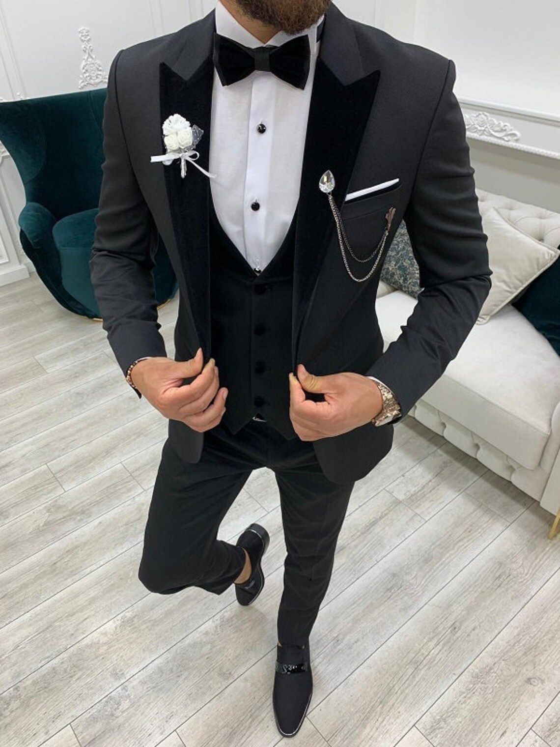 Men Suits Black Wedding Suit Black Tuxedo 3 Piece One Button | Etsy