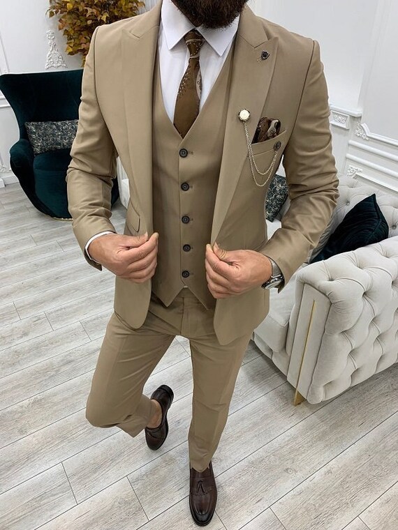 Mens Beige 2 Piece Suit One Button Elegant Evening Party Wear Dinner Coat  Pants