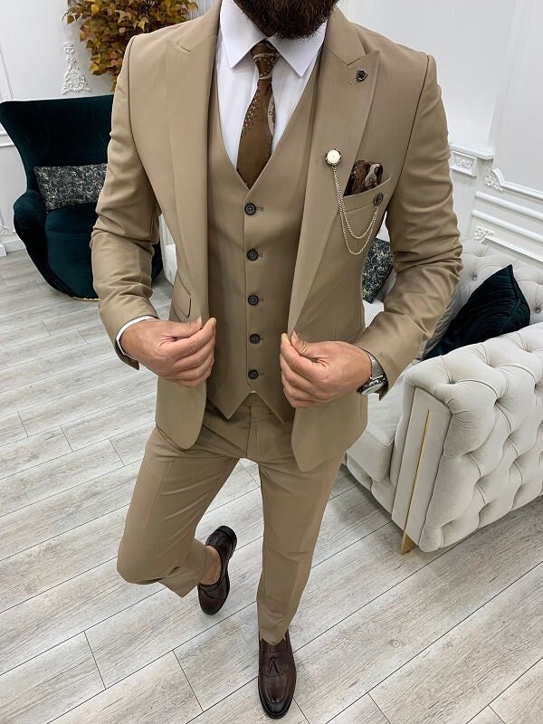 Men Suits Cream 3 Piece Slim Fit One Button Wedding Groom Party