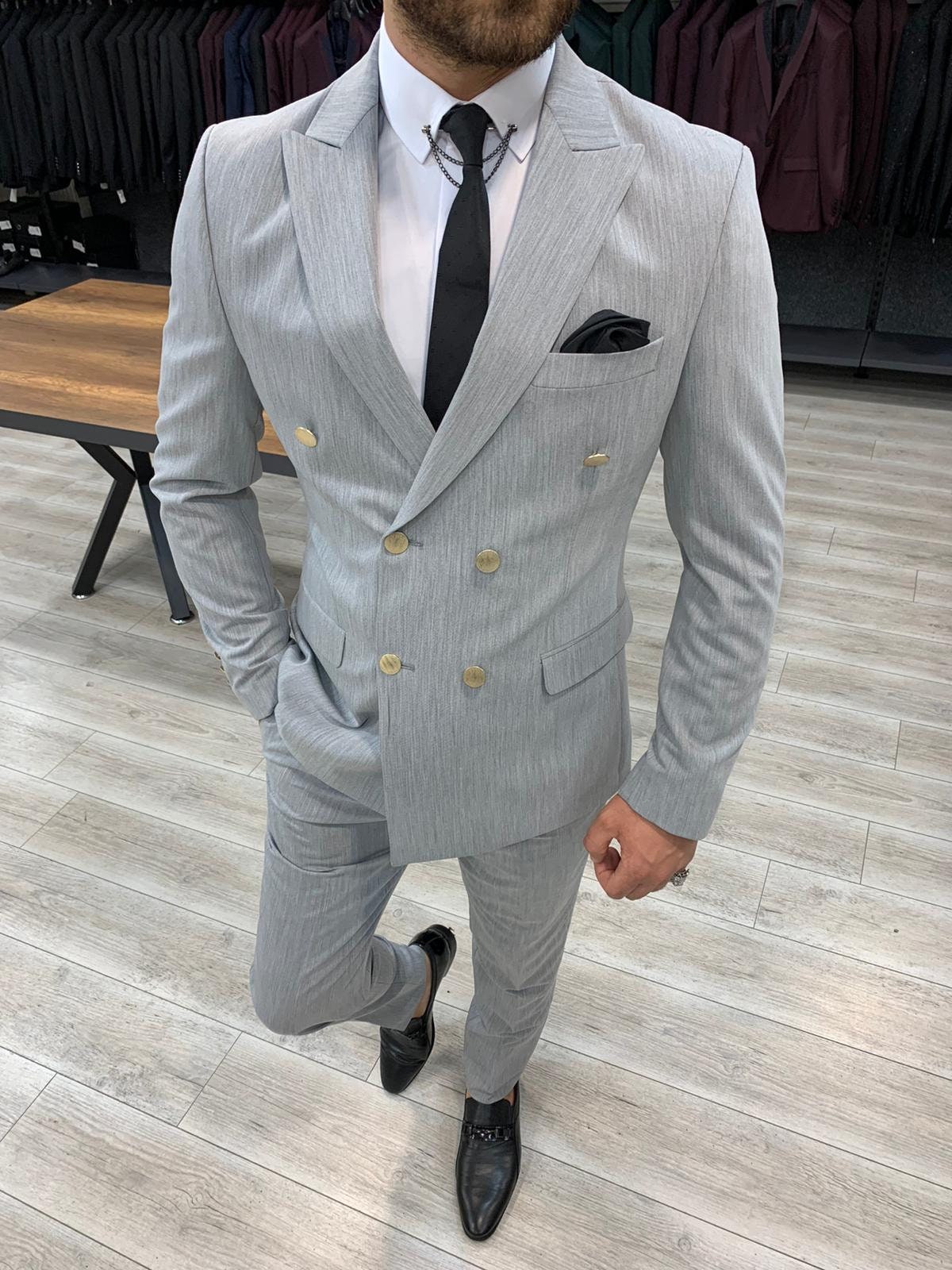 Double Breasted Grey Wedding Suit Prom Men Suit Groom Tuxedo 2 Pcs Jacket Pant 