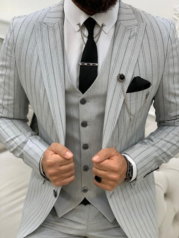 Mens 3 Piece Grey Suit Black Red Check Tailored Fit Wedding Prom