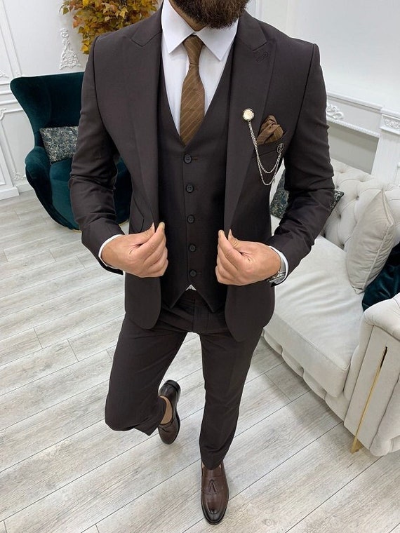 Blazer+Vest+Pants Mens 3 Piece Tweed Suit Plaid Slim Fit Suits for Men One Button Suit Tuxedo Set 