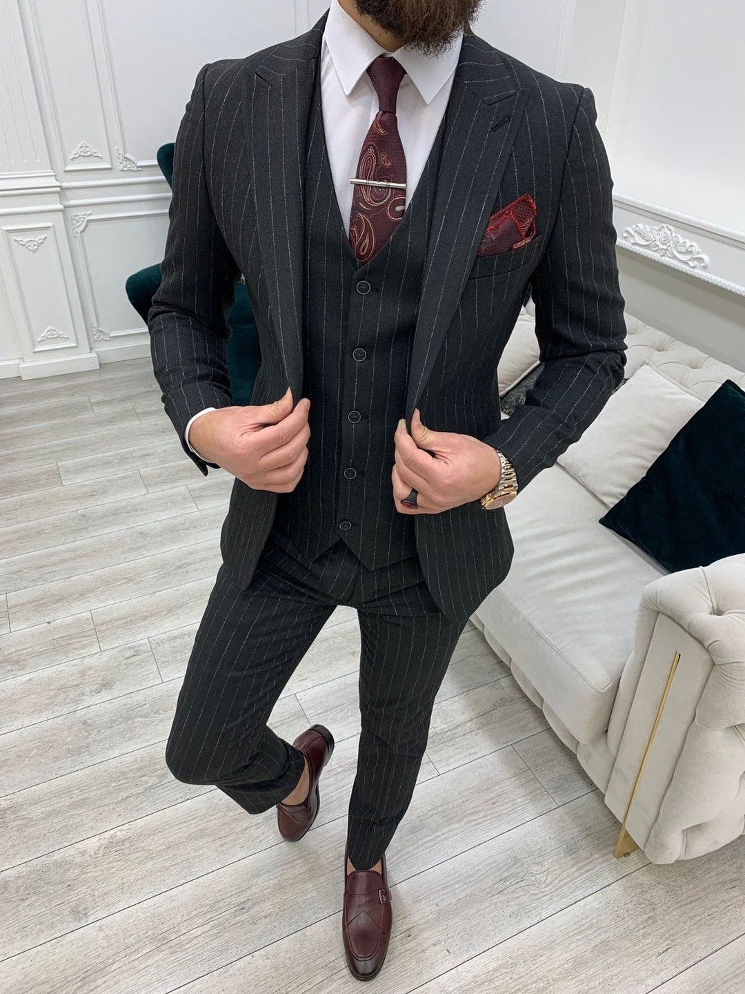 Buy Dark Gray Pinstripe Suit: Men's Slim Fit 3-piece Peak Lapel Online in  India