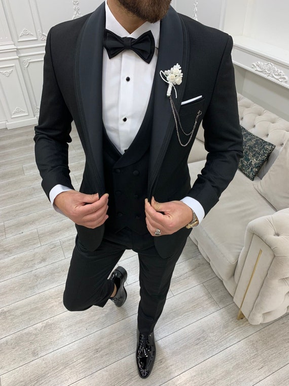 Black Suits Black 3 Piece Slim Fit One Button Wedding Groom Party Wear Coat  Pant, Black Suit, Men Black Suit, Black Slim Fit Suit 