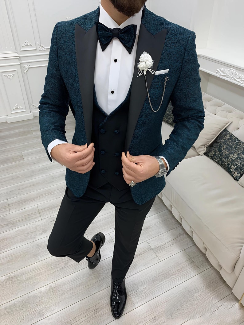Teal Green Slim Fit Floral Tuxedo
