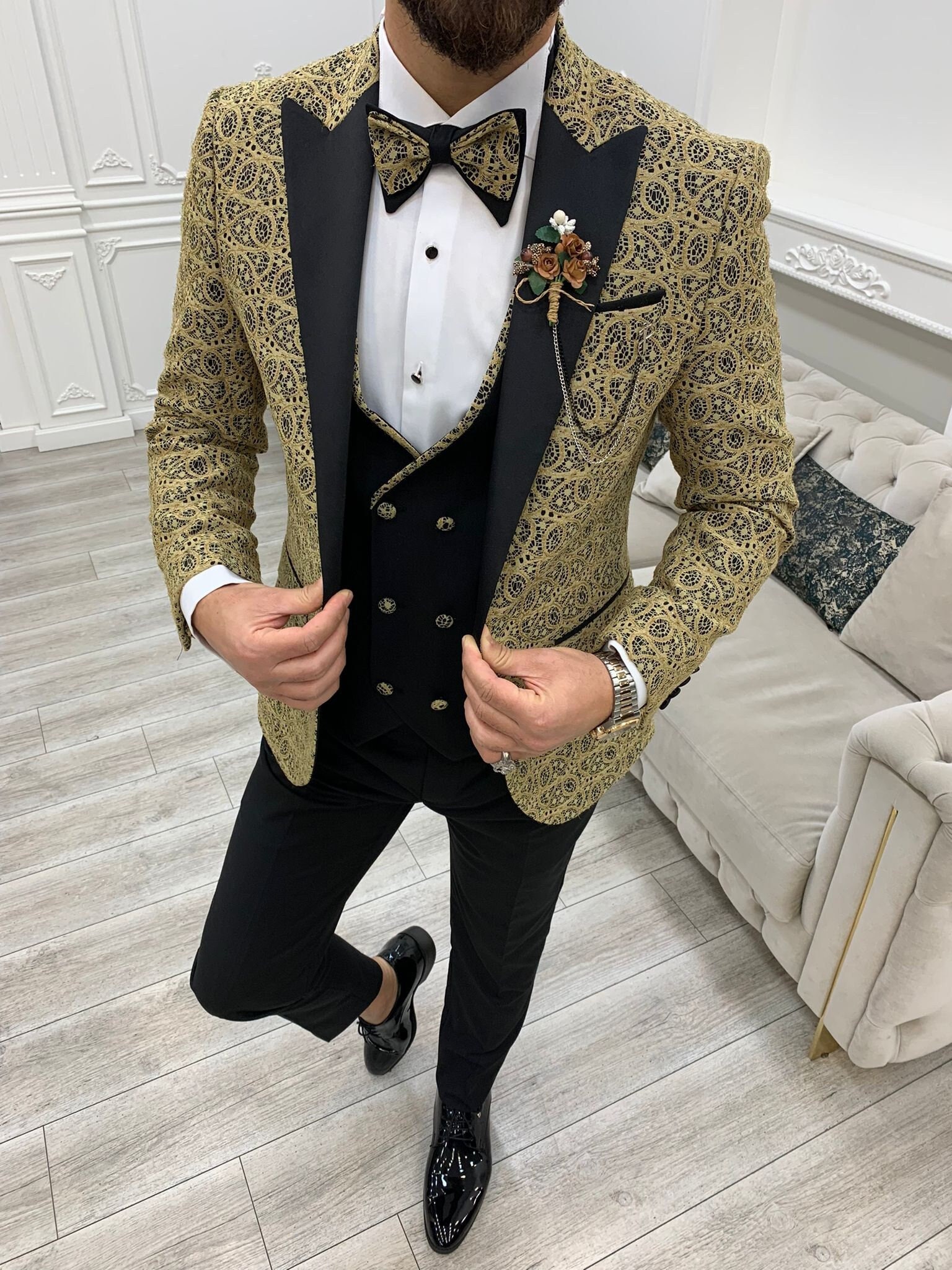 2020 Elegant Brand Black Gold Floral Men Suits With Pants Groom Suit ...