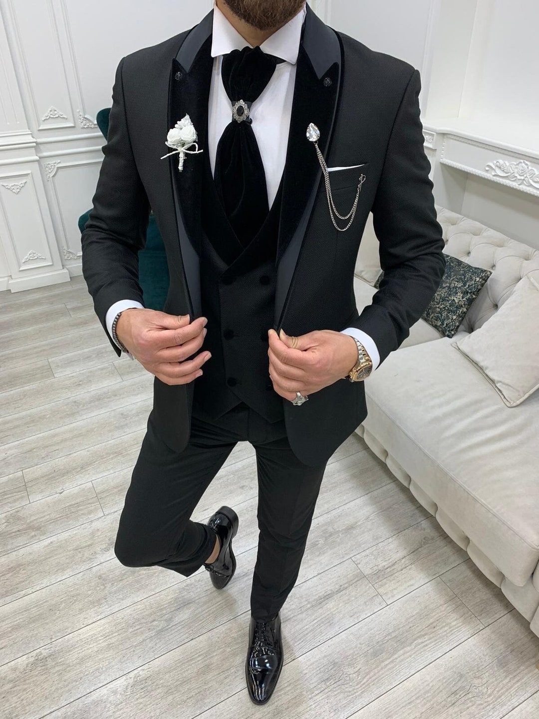 Black Suits Men 3 Piece Slim Fit One Button Wedding Groom - Etsy