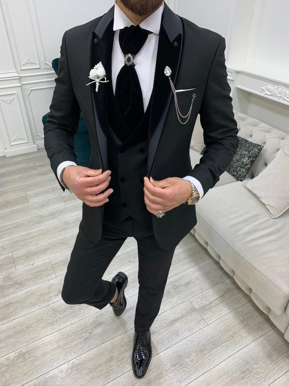 Trajes negros para hombre 3 piezas corte ajustado un bot n
