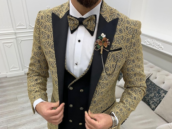 Man Golden Colour Coat Pant Golden Suits Gold Piece Slim Fit One