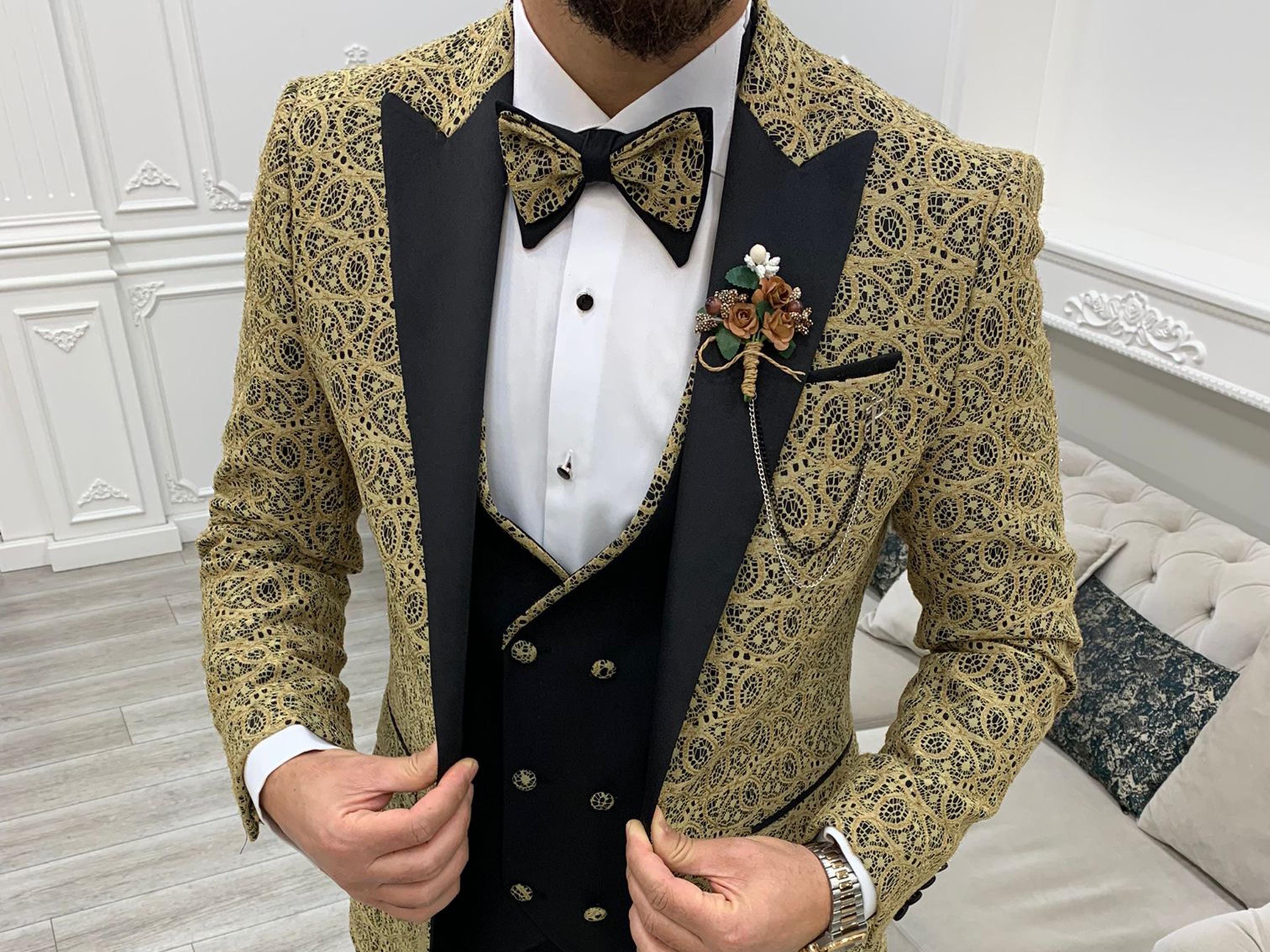 Golden Paisley Suit: Slim Fit 3-piece Wedding Tuxedo - Etsy
